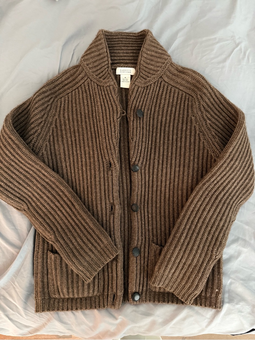 Barneys New York Chocolate Brown Ribbed Button-Up Cardigan